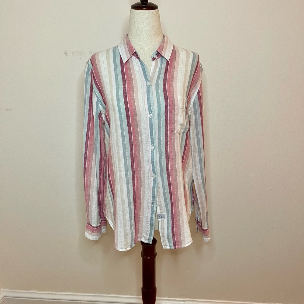 Rails Charli Tropic Stripe Button Down Linen Blend Shirt S
